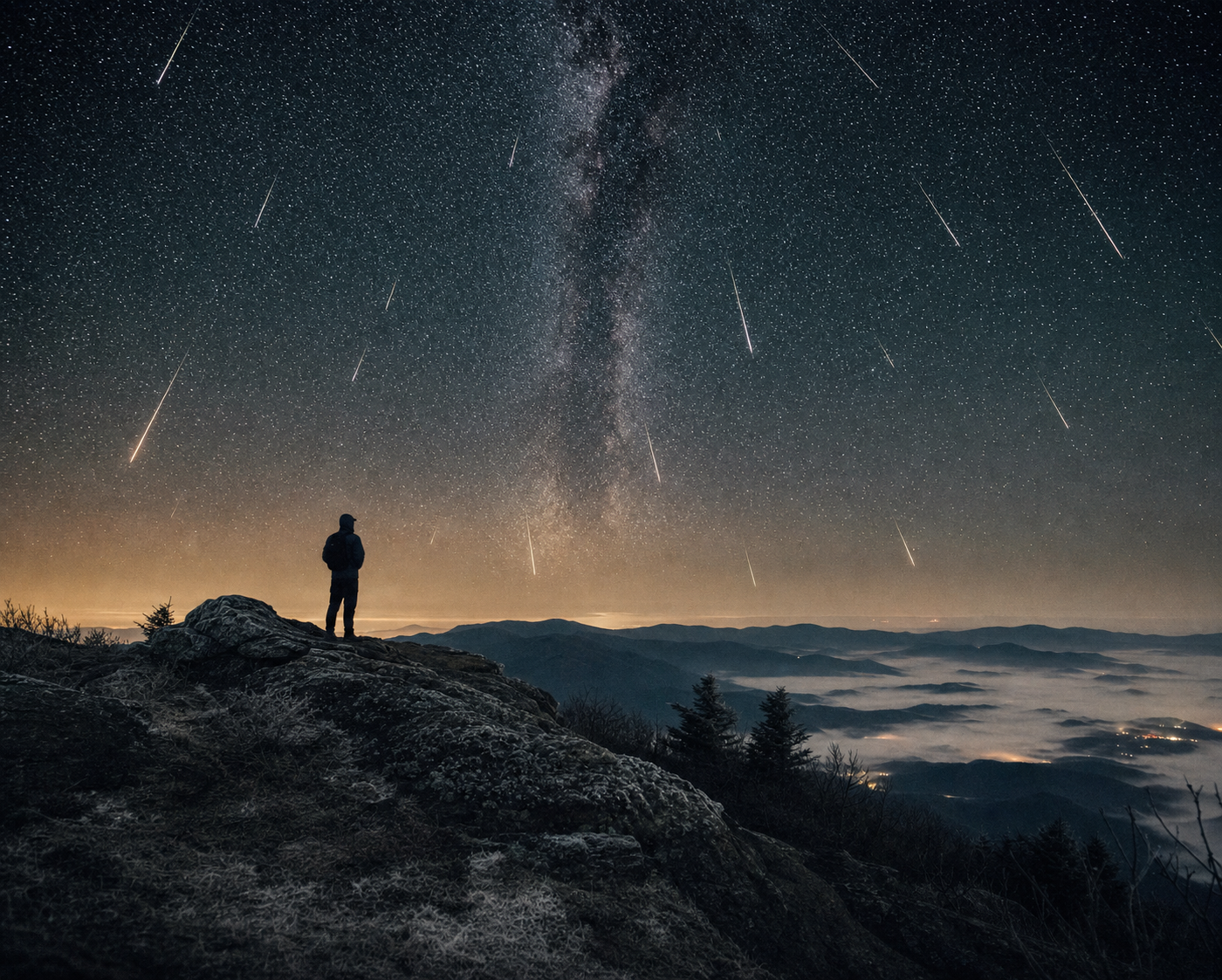 Silhouette on mountain ridge watching meteor shower